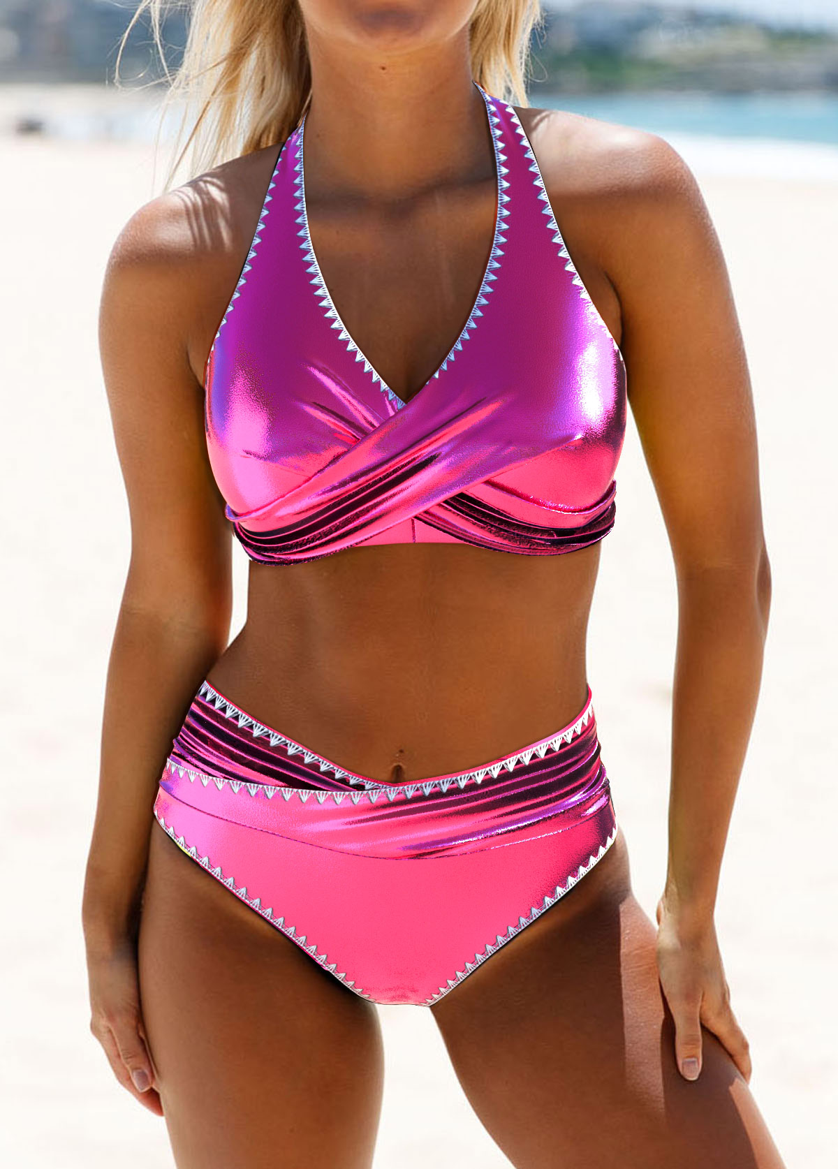 ROTITA Tie Contrast Binding Hot Pink Bikini Set