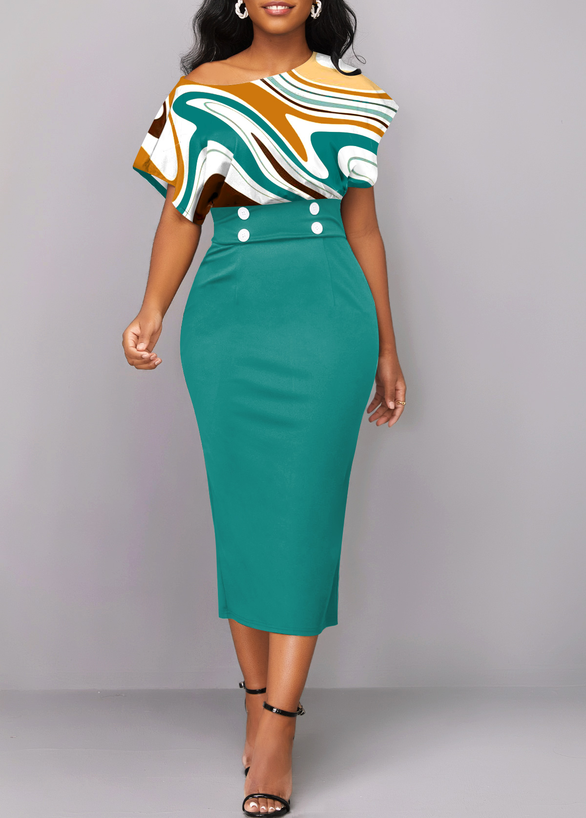 Turquoise dresses,Geometric dresses,Party dresses,Elegant dresses,Button Geometric Print Turquoise Asymmetrical Neck Bodycon Dress