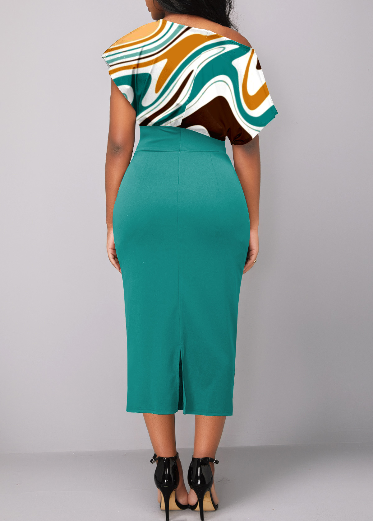 Turquoise dresses,Geometric dresses,Party dresses,Elegant dresses,Button Geometric Print Turquoise Asymmetrical Neck Bodycon Dress