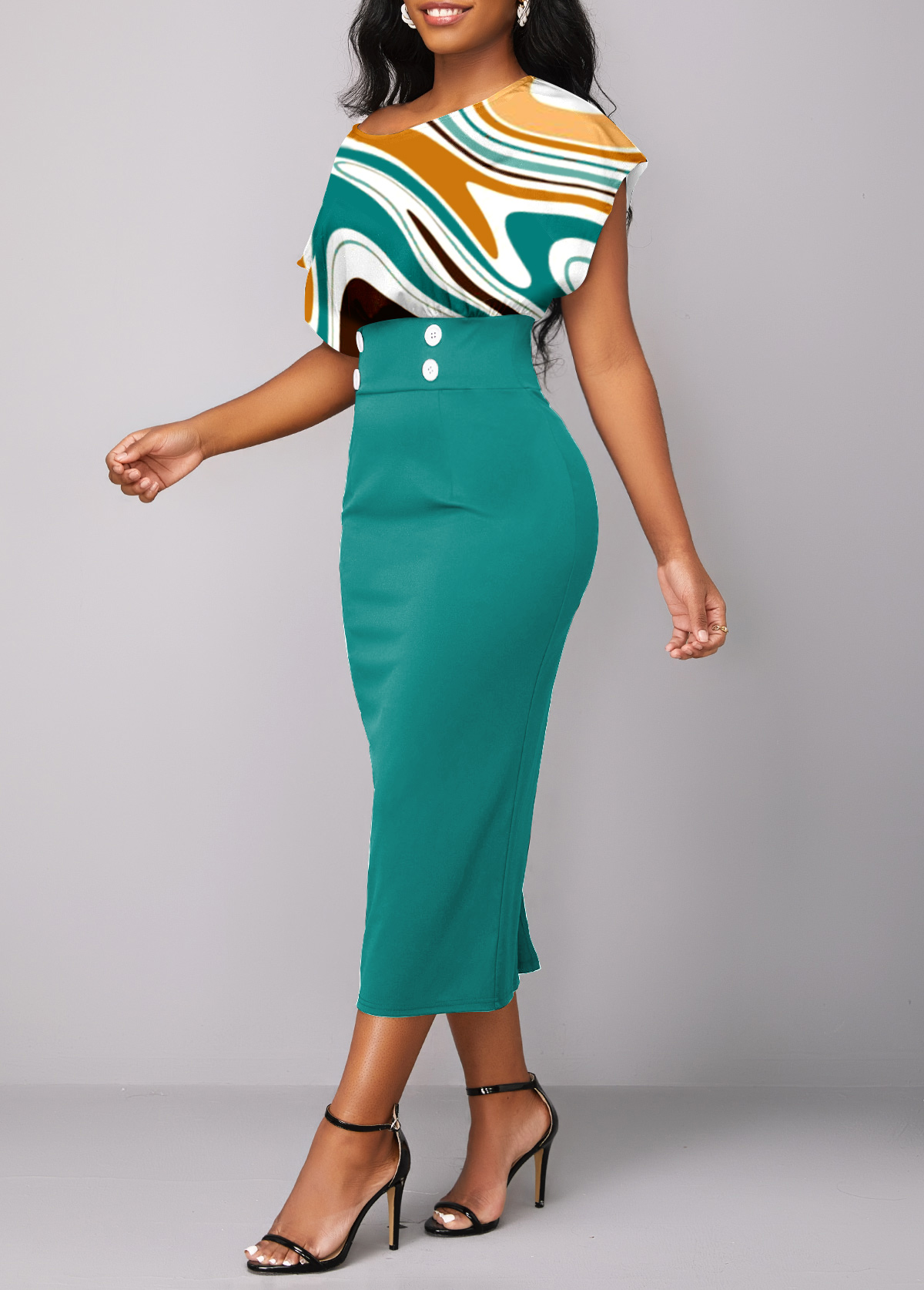 Turquoise dresses,Geometric dresses,Party dresses,Elegant dresses,Button Geometric Print Turquoise Asymmetrical Neck Bodycon Dress