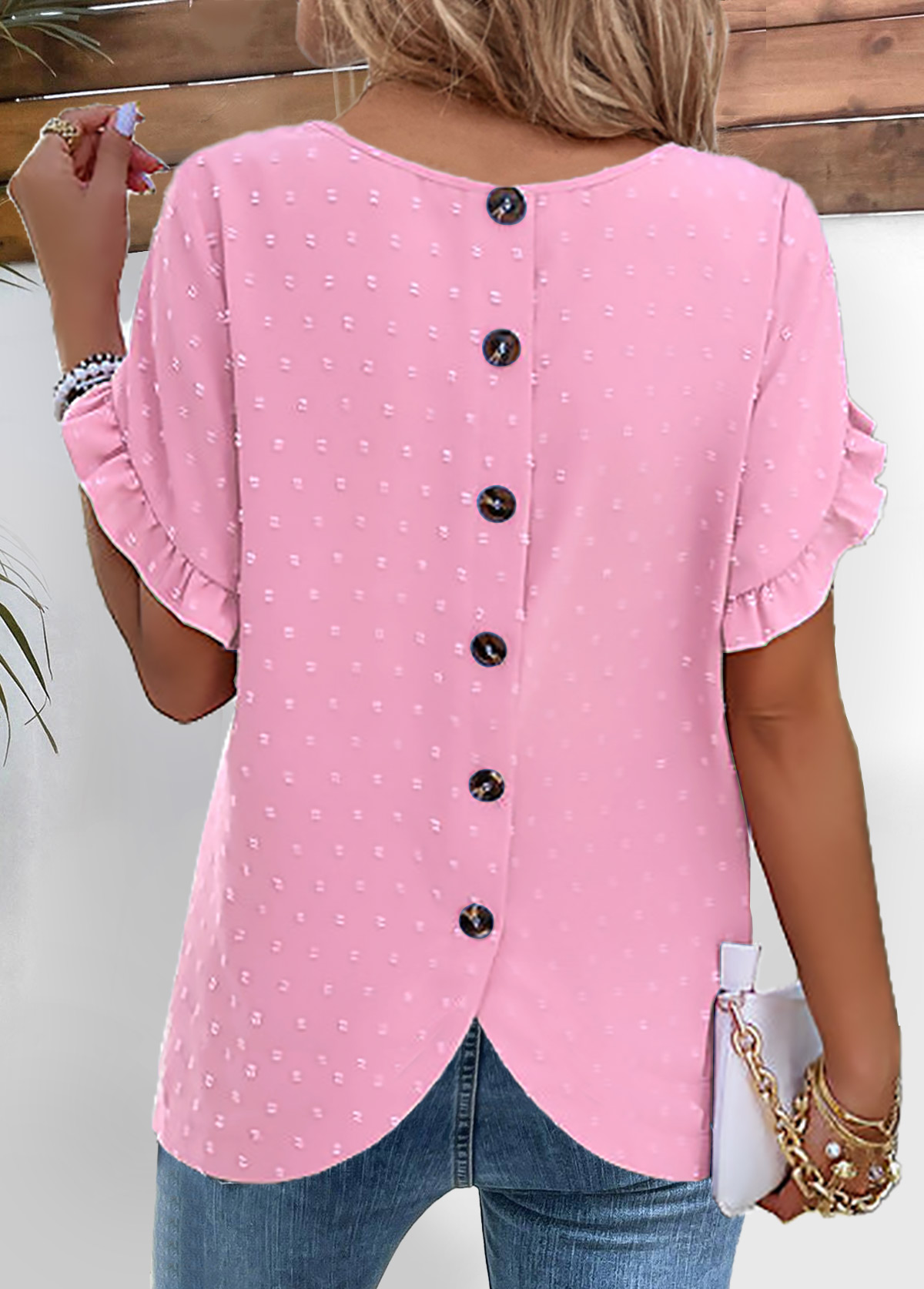 Pink tops,Plain Color tops,Button Pink Round Neck Short Sleeve Blouse