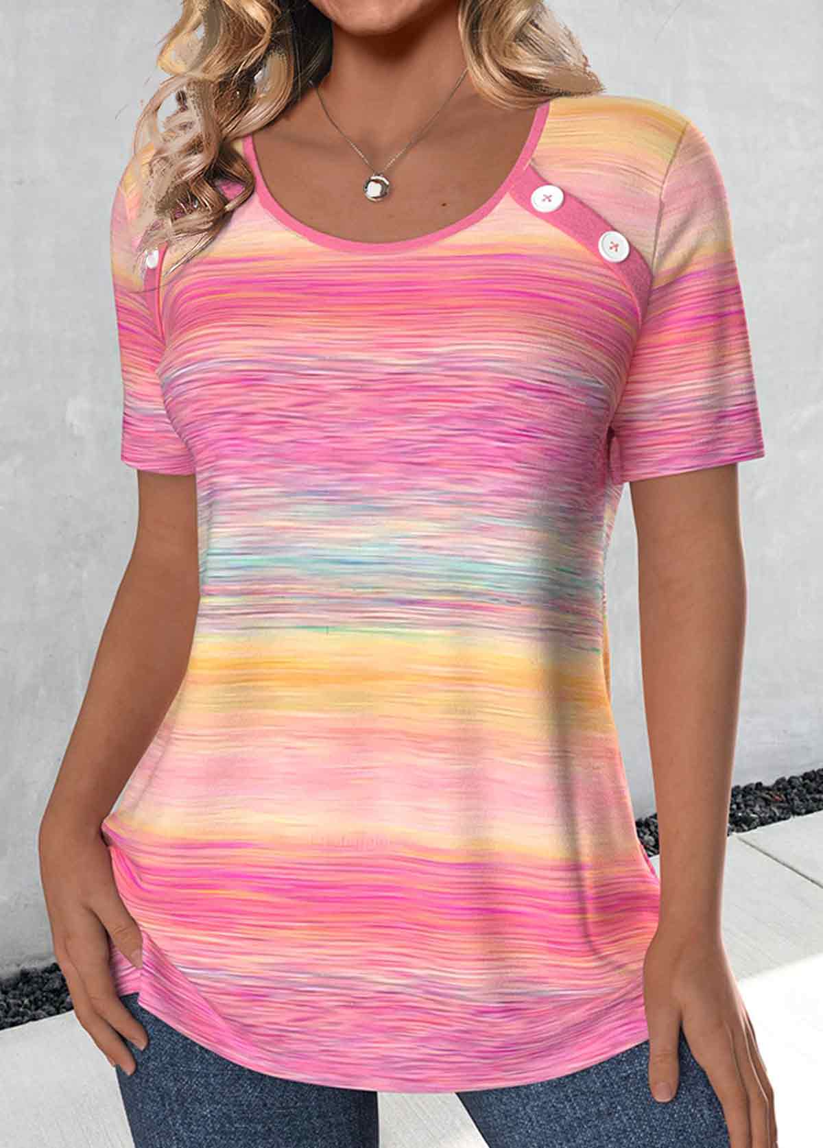 Pink plus size,Rainbow Color plus size,Ombre plus size,ROTITA Plus Size Button Pink Ombre Round Neck T Shirt