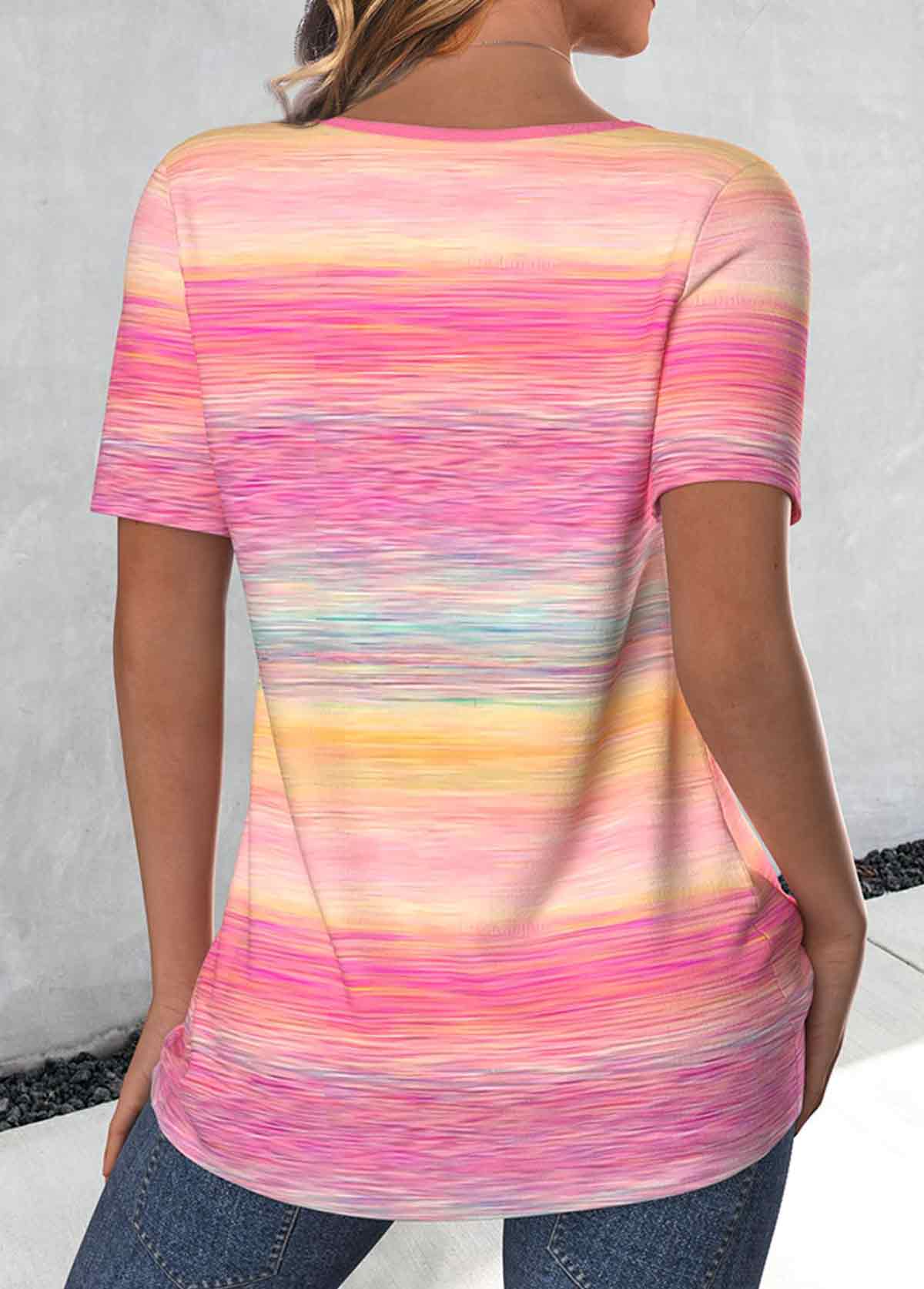 Pink plus size,Rainbow Color plus size,Ombre plus size,ROTITA Plus Size Button Pink Ombre Round Neck T Shirt
