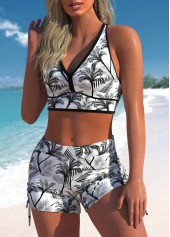 Black swimwear,White swimwear,Floral swimwear,Plants swimwear,ROTITA Layered Black Floral Print Mid Waisted Tankini Set