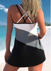 Black swimwear,Contrast Color swimwear,ROTITA Circular Ring Scoop Neck Black Swimdress Top