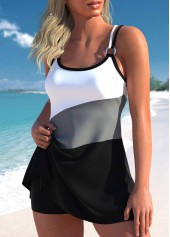 Black swimwear,Contrast Color swimwear,ROTITA Circular Ring Scoop Neck Black Swimdress Top