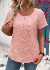Light Pink tops,Plain Color tops,Tuck Stitch Light Pink Round Neck Short Sleeve Blouse