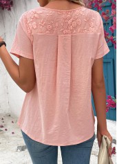 Light Pink tops,Plain Color tops,Tuck Stitch Light Pink Round Neck Short Sleeve Blouse
