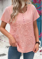 Light Pink tops,Plain Color tops,Tuck Stitch Light Pink Round Neck Short Sleeve Blouse