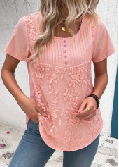 Light Pink tops,Plain Color tops,Tuck Stitch Light Pink Round Neck Short Sleeve Blouse