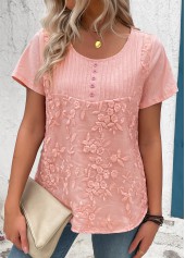 Light Pink tops,Plain Color tops,Tuck Stitch Light Pink Round Neck Short Sleeve Blouse