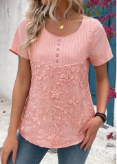 Tuck Stitch Light Pink Round Neck Short Sleeve Blouse