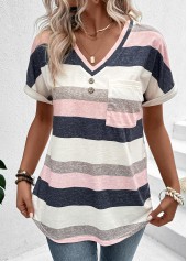 Multi Color tops,Striped tops,Geometric tops,ROTITA Pocket Striped Multi Color V Neck T Shirt