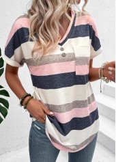 Multi Color tops,Striped tops,Geometric tops,ROTITA Pocket Striped Multi Color V Neck T Shirt