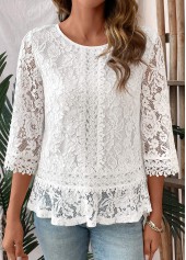 ROTITA Patchwork White Round Neck 3/4 Sleeve T Shirt