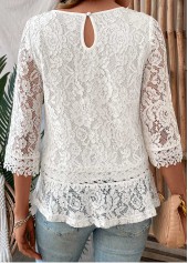 White tops,Plain Color tops,ROTITA Patchwork White Round Neck 3/4 Sleeve T Shirt