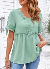 Sage Green tops,Plain Color tops,ROTITA Lace Sage Green V Neck Short Sleeve Blouse