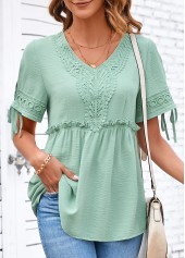 Sage Green tops,Plain Color tops,ROTITA Lace Sage Green V Neck Short Sleeve Blouse