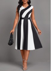 Black dresses,Raw white dresses,Contrast Color dresses,Striped dresses,Geometric dresses,Party dresses,Elegant dresses,ROTITA Patchwork Black V Neck Sleeveless Dress