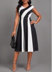 Black dresses,Raw white dresses,Contrast Color dresses,Striped dresses,Geometric dresses,Party dresses,Elegant dresses,ROTITA Patchwork Black V Neck Sleeveless Dress