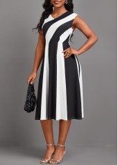 Black dresses,Raw white dresses,Contrast Color dresses,Striped dresses,Geometric dresses,Party dresses,Elegant dresses,ROTITA Patchwork Black V Neck Sleeveless Dress