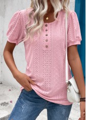 Pink tops,Plain Color tops,Button Pink Round Neck Short Sleeve T Shirt