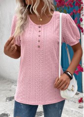 Pink tops,Plain Color tops,Button Pink Round Neck Short Sleeve T Shirt