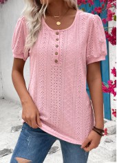 Pink tops,Plain Color tops,Button Pink Round Neck Short Sleeve T Shirt