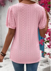 Pink tops,Plain Color tops,Button Pink Round Neck Short Sleeve T Shirt