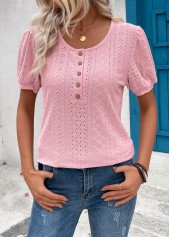 Pink tops,Plain Color tops,Button Pink Round Neck Short Sleeve T Shirt