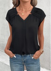 Black tops,Plain Color tops,ROTITA Patchwork Black V Neck Short Sleeve Blouse