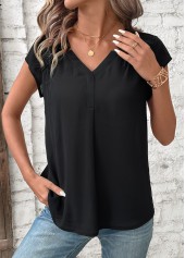 Black tops,Plain Color tops,ROTITA Patchwork Black V Neck Short Sleeve Blouse