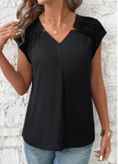 Black tops,Plain Color tops,ROTITA Patchwork Black V Neck Short Sleeve Blouse