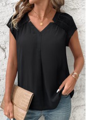 Black tops,Plain Color tops,ROTITA Patchwork Black V Neck Short Sleeve Blouse