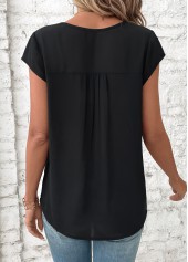 Black tops,Plain Color tops,ROTITA Patchwork Black V Neck Short Sleeve Blouse