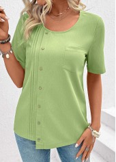 Light Green tops,Plain Color tops,ROTITA Button Light Green Round Neck Short Sleeve Blouse
