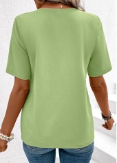 Light Green tops,Plain Color tops,ROTITA Button Light Green Round Neck Short Sleeve Blouse