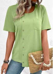 Light Green tops,Plain Color tops,ROTITA Button Light Green Round Neck Short Sleeve Blouse