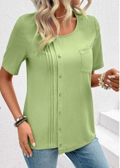 Light Green tops,Plain Color tops,ROTITA Button Light Green Round Neck Short Sleeve Blouse