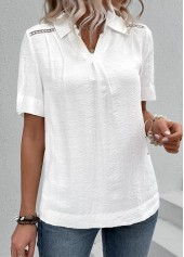 White tops,Plain Color tops,ROTITA Lace White Shirt Collar Short Sleeve Blouse