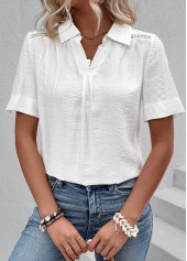 White tops,Plain Color tops,ROTITA Lace White Shirt Collar Short Sleeve Blouse