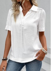 White tops,Plain Color tops,ROTITA Lace White Shirt Collar Short Sleeve Blouse