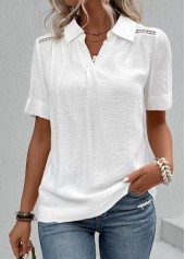 White tops,Plain Color tops,ROTITA Lace White Shirt Collar Short Sleeve Blouse