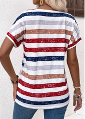 Multi Color tops,Striped tops,Geometric tops,ROTITA Button Striped Multi Color V Neck T Shirt