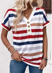 Multi Color tops,Striped tops,Geometric tops,ROTITA Button Striped Multi Color V Neck T Shirt