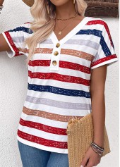 Multi Color tops,Striped tops,Geometric tops,ROTITA Button Striped Multi Color V Neck T Shirt