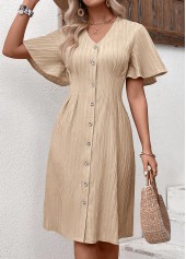 ROTITA Textured Fabric Light Camel V Neck Short Sleeve Dress