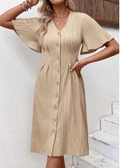 Light Camel dresses,Plain Color dresses,Everyday dresses,Casual dresses,ROTITA Textured Fabric Light Camel V Neck Short Sleeve Dress