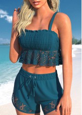 Peacock Blue swimwear,Plain Color swimwear,ROTITA Smocked Lace Peacock Blue Bikini Set