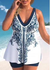 Rotita Plus Size Patchwork-Tankini-Set mit Stammesmuster in Weiß